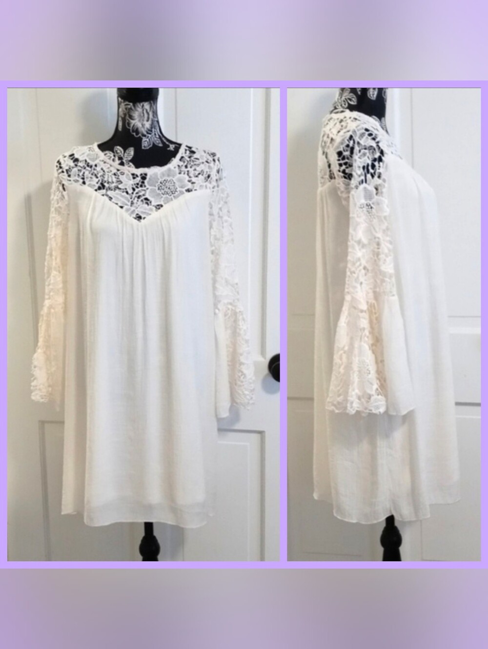 🌞J. Gee🌞 - Cream Lace Crochet Bell Sleeve Boho Dress